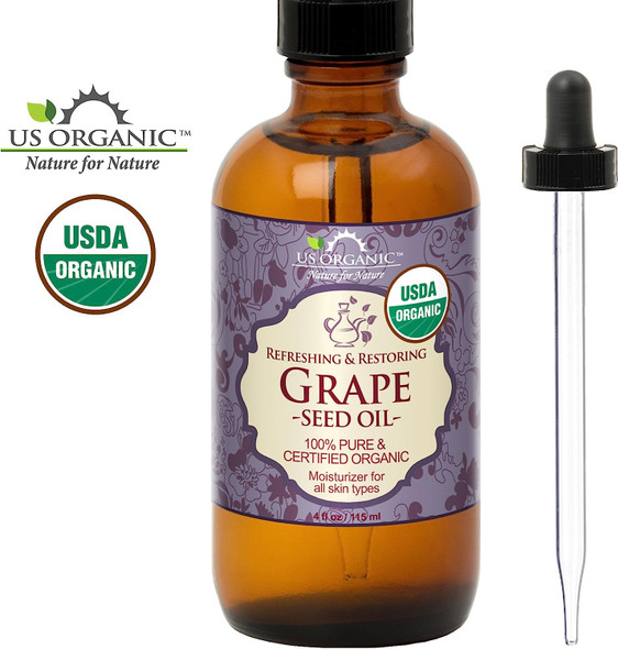 US Organic Grape Seed Oil, USDA Certified Organic, 100% Pure & Natural, Cold Pressed Virgin, Unrefined, in Amber Glass Bottle w/Glass Eye dropper for Easy Application (4 oz (115 ml))