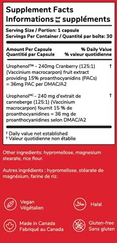 Utiva Cranberry Pills - 30 Vegi Capsules - 36mg Soluble PACs for UTI Prevention (DMAC/A2) - 100% Natural, Non-GMO, Vegan and Gluten-Free, Bladder Health, Made in Canada, NPN Approved.
