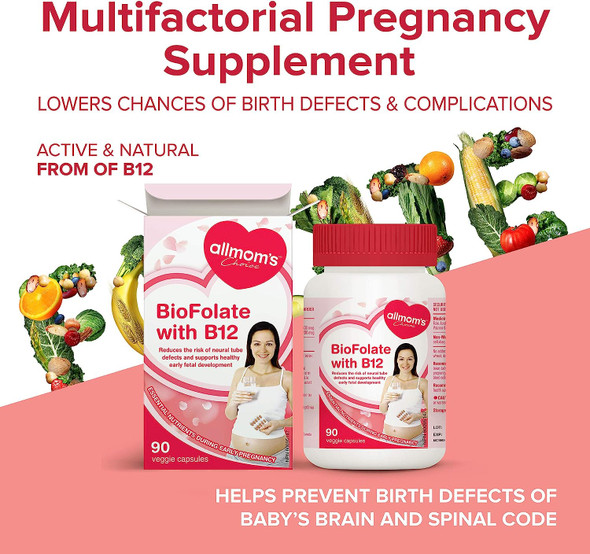 Vegan Folic Acid Pregnancy Supplement with Vitamin B12 - Contains 400mcg Folate or Folic Acid - Reduces Risk of Neural Tube Defects and Helps Formation of Red Blood Cells - 90 Tablets - Allmom's Choice