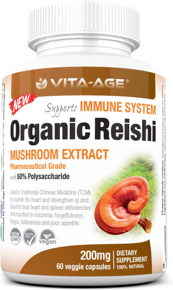 Vita-Age Organic Reishi Mushroom | 200mg 30% Polysaccharide | 60 Count | Vegan, Non-GMO | helps with poor appetite