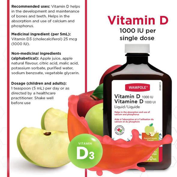 Wampole Liquid Vitamin D 1000 UI  Fast Liquid Absortion  Helps Develop & Maintain Strong Bones  350 ml