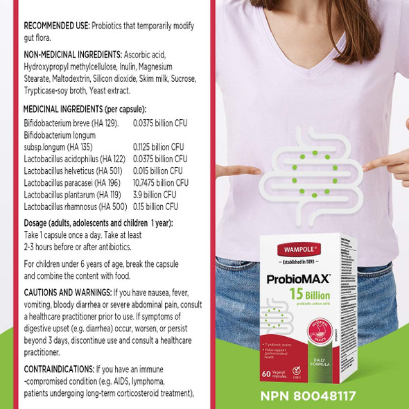 Wampole ProbioMax 15 Billion Probiotics  Healthy Gut Flora & Immune System  60 Vegetal Capsules