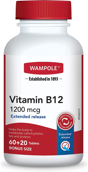 Wampole Vitamin B12 1200 mcg  Extended Release for DayLong Metabolism Energy Boost  60+20 Tablets Bonus Size