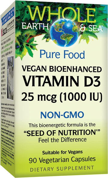 Whole Earth & Sea Pure Food Vegan Bioenhanced Vitamin D3 1000 IU Non-GMO, 90 Vegetarian Capsules