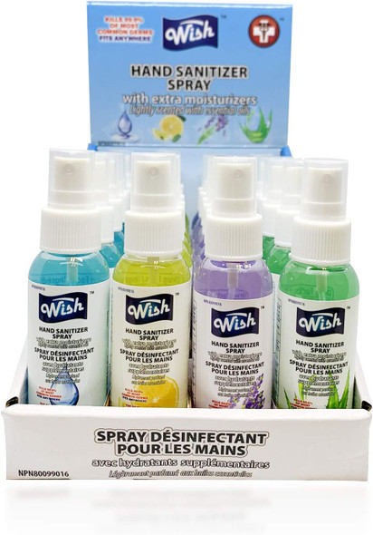 Wish little Hand Sanitizer Spray 60ml (Pack of 24 Sanitizers) Desinfectant and 4 Assorted Scents Lavender, Natural Aloe, Vitamin E, Lemon Citrus Alcohol Based Sanitizer