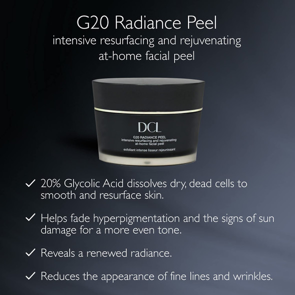 DCL Skincare G20 Radiance Peel, Clinical Dose Derm tested 20% Glycolic Acid Resurfacing pads, Reduces fine lines and wrinkles, 50 Count