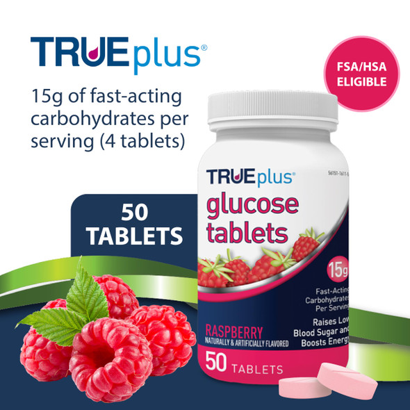 TRUEplus Glucose Tablets Raspberry 50 Tabs By Sunmark