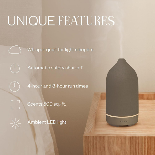 Vitruvi Stone Diffuser, Ultrasonic Essential Oil Diffuser for Aromatherapy, Charcoal, 90ml Capacity