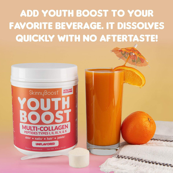 Skinny Boost - Youth Boost Advanced Multi-Collagen Powder - 5 Types of Hydrolyzed Collagen Peptides for Hair, Skin, Nails & Joints. Fast Dissolving, Grass Fed, Keto Friendly - Unflavored(58 Servings)