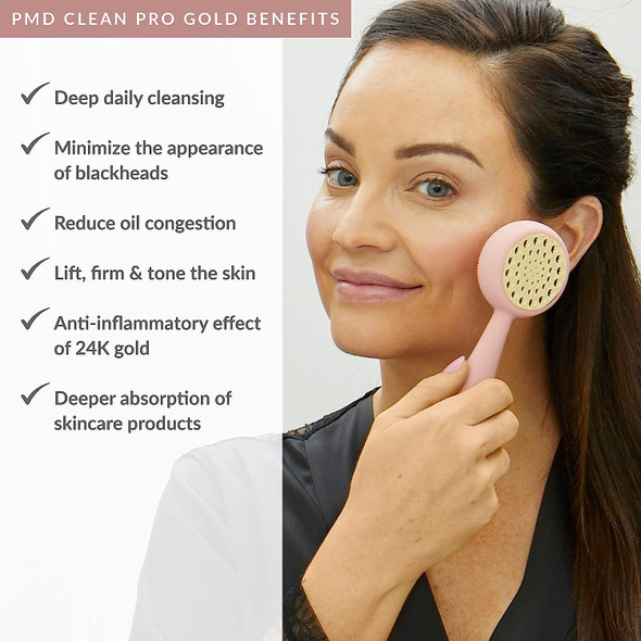 PMD Clean Pro Gold - Smart Facial Cleansing Device with Silicone Brush & 24K Gold ActiveWarmth Anti-Aging Massager - Waterproof - SonicGlow Vibration - Clear Pores & Blackheads