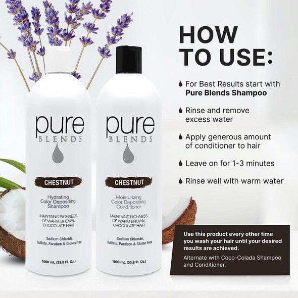 Pure Blends Chestnut Hydrating Color Depositing Shampoo and Conditioner 33.8oz - Infused with Keratin & Collagen to Repair Dry & Damaged Hair - Eliminate Color Fade - Sulfate, Sodium Chloride, Paraben