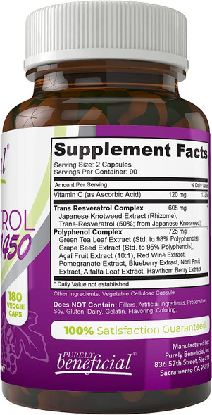 PURELY beneficial RESVERATROL1450 - 90day Supply, 1450mg per Serving of Potent Antioxidants & Trans-Resveratrol, Promotes Anti-Aging, Cardiovascular Support, Maximum Benefits (1bottle)