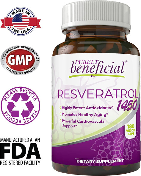 PURELY beneficial RESVERATROL1450 - 90day Supply, 1450mg per Serving of Potent Antioxidants & Trans-Resveratrol, Promotes Anti-Aging, Cardiovascular Support, Maximum Benefits (1bottle)