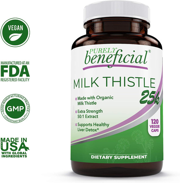 Milk Thistle Capsules- 25,000 MG Strength- 50X Concentrated Seed Extract & 80% Silymarin Standardized- 120 Vegan Pills- Supports Healthy Liver Cleanse & Detoxification, Non-GMO- 4 Month Supply