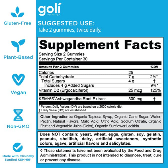 Goli Ashwagandha & Vitamin D Gummy - 60 Count - Mixed Berry, KSM-66, Vegan, Plant Based, Non-GMO, Gluten-Free & Gelatin Free Relax. Restore. Unwind