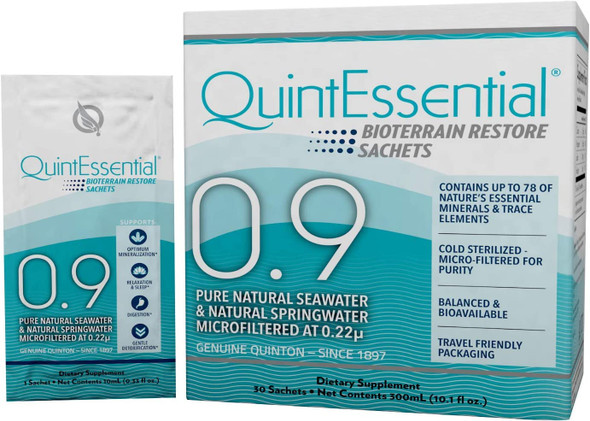 QuintEssential 0.9 - Keto Liquid Mineral Electrolyte Supplement with Trace Mineral Replenishment, Sea Water Minerals Hydration Drink to Support Detox, Relaxation (30 Sachets)