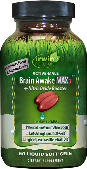 ‎Irwin Naturals Brain Awake Max 3 + Nitric Oxide Booster 60 Count