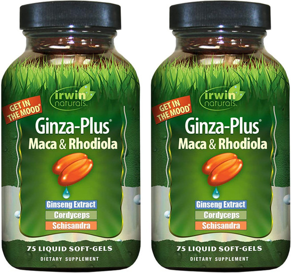 Irwin Naturals Ginza-Plus Maca & Rhodiola for Mental Balance and Stress Relief, 75 Liquid Softgels (Pack of 2)