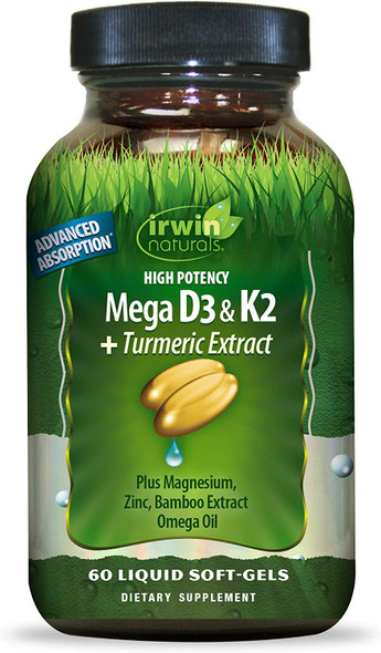 Irwin Naturals High Potency Mega D3 & K2 + Turmeric Extract for Healthy Bones, Immune Function & Positive Mood - Advanced Absorption with Magnesium, Turmeric, Bamboo & Omega Oil - 60 Liquid Softgels