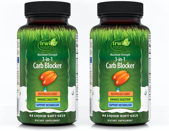 Irwin Naturals Maximum Strength 3-in-1 Carb Blocker - 84 Liquid Soft-Gels, Pack of 2 - Neutralize Carbohydrates - 84 Total Servings