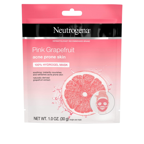 Neutrogena Pink Grapefruit 100% Hydrogel Acne Sheet Face Mask with Naturally-Derived Grapefruit Extract, Single-Use Soothing & Refreshing Acne-Fighting Face Mask, Non-Comedogenic, 1 ct