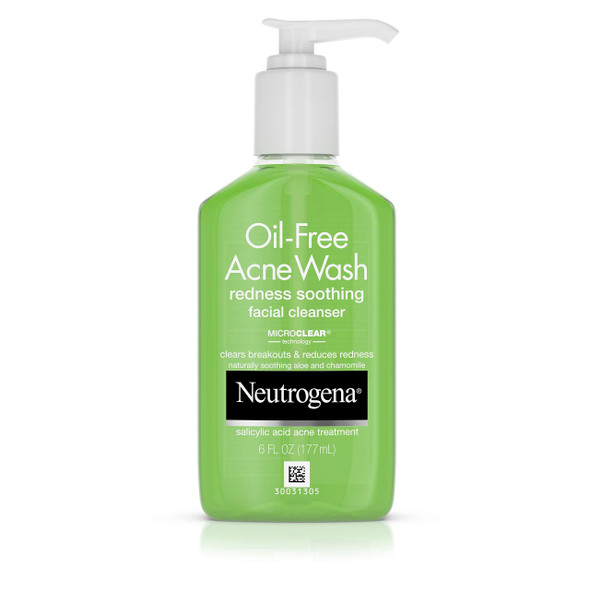 Neutrogena OilFree Acne and Redness Facial Cleanser Soothing Face Wash with Salicylic Acid Acne Medicine Aloe and to Reduce Facial Redness, chamomile, 6 Fl Oz