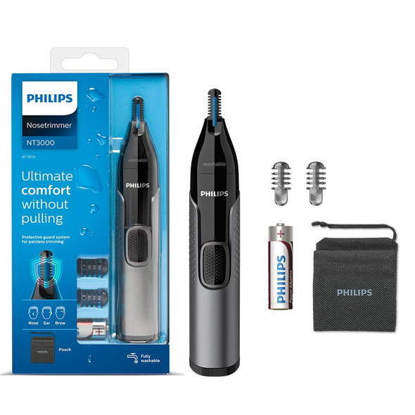 Philips Nose Hair Trimmer, Series 3000 Nose, Ear and Eyebrow Trimmer Showerproof with Protective Guard System, Battery-Operated, No pulling Guaranteed - NT3650/16