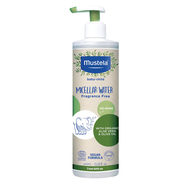 Mustela Baby Organic Micellar Cleansing Water - No-Rinse Natural Water Cleanser with Olive Oil & Aloe Vera - Fragrance Free, Vegan & EWG Verified - 13.52 fl. oz.