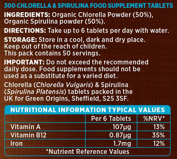 Rainforest Foods Organic Combined Chlorella and Spirulina 500mg 300 Tablets