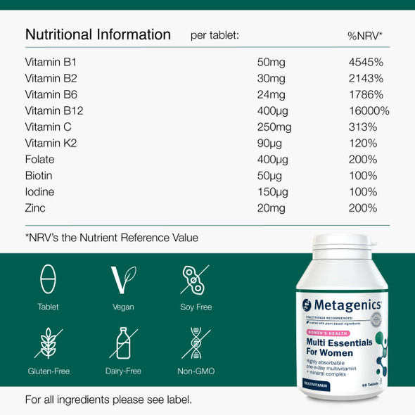 Metagenics Multi Essentials for Women Multivitamin with Iron - 29 Vitamins & Minerals for Women - Vegetarian and Vegan - 60 Tablets