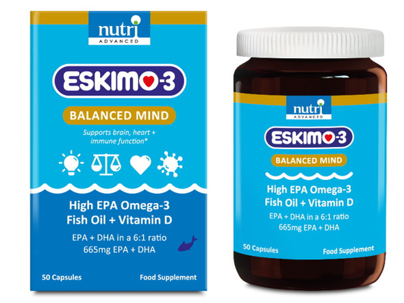 Eskimo-3 Balanced Mind High EPA Omega 3 Fish Oil + Vitamin D - 50 capsules