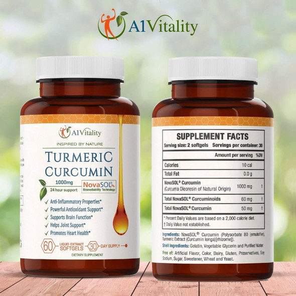 A1Vitality Turmeric Curcumin NovaSOL Supplements 1000mg 60 Softgels