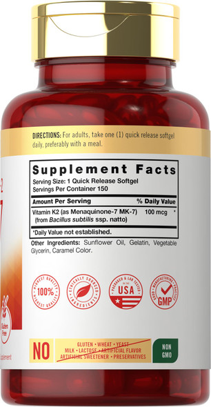 Carlyle Vitamin K2 Supplement 100Mcg | K2 Mk7 | 150 Softgels | Non-Gmo, Gluten Free