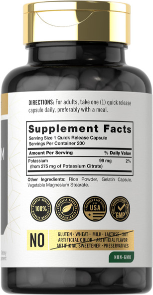 Potassium Citrate 99Mg | 200 Capsules | Non-Gmo And Gluten Free Supplement | By Carlyle