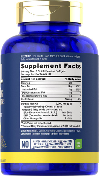 Fish Oil 3000Mg | 900Mg Omega 3 | 90 Softgels | Lemon Flavor | Non-Gmo And Gluten Free Supplement