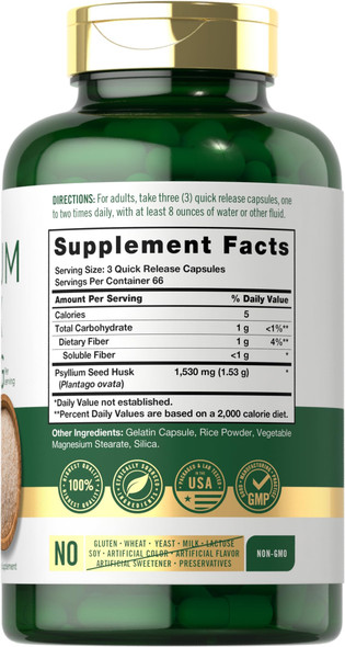 Carlyle Psyllium Husk Capsules 1530Mg | 200 Count | High Potency Fiber Supplement | Non-Gmo, Gluten Free