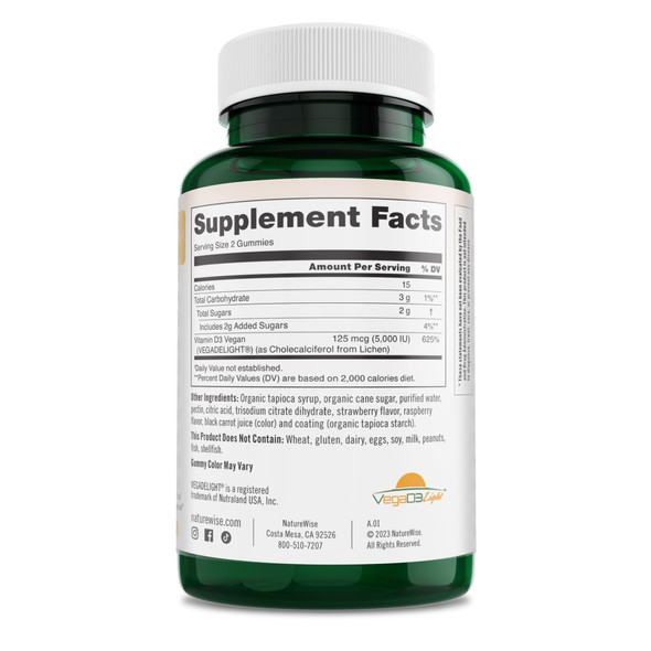 Naturewise Vegan Vitamin D3 5,000 Iu Gummies - No Artificial Flavors Or Colors, Supports Immune System & Strong Bones - Gluten