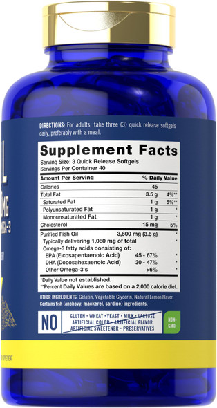 Fish Oil 3600Mg | 1080Mg Omega 3 | 120 Count | Non-Gmo And Gluten Free Supplement