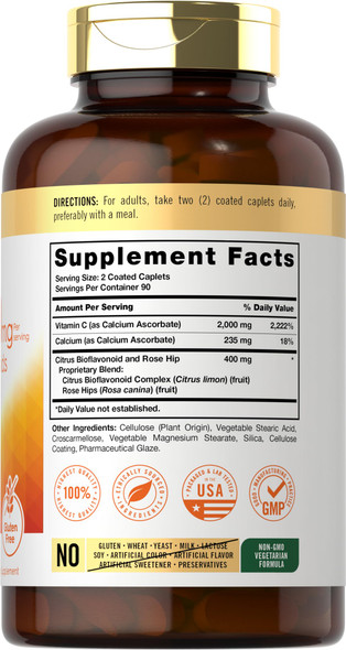 Carlyle Buffered Vitamin C | 2000Mg | 180 Caplets | With Bioflavonoids And Rose Hips | Vegetarian, Non-Gmo, And Gluten Free Suppl