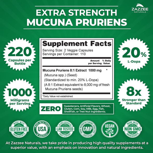 Zazzee Extra Strength Mucuna Pruriens 8:1 Extract, Minimum 20% L-Dopa, 1000 Mg, 220 Vegan Capsules, 110 Day Supply, Concentrated