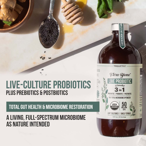 Flora Biome - Live Probiotic, Prebiotic & Postbiotic – Organic Live-Culture – 10 Probiotic Strains, 19 Fermented Herbs, 50 Billio
