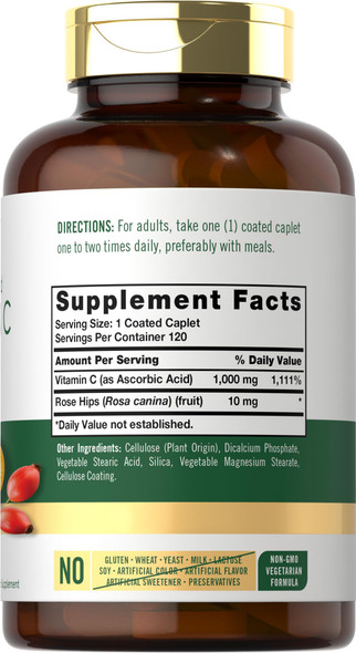 Carlyle Vitamin C 1000Mg | Timed Release | 120 Vegetarian Caplets | With Rose Hips | Non-Gmo & Gluten Free Supplement