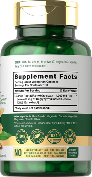 Dgl Deglycyrrhizinated Licorice Capsules | 200 Count | 4000Mg | Vegeterian, Non-Gmo & Gluten Free Supplement | By Carlyle