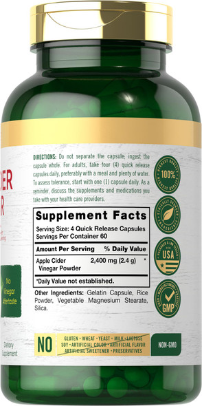 Carlyle Apple Cider Vinegar Capsules | 2400Mg | 240 Count | Non-Gmo, Gluten Free Supplement