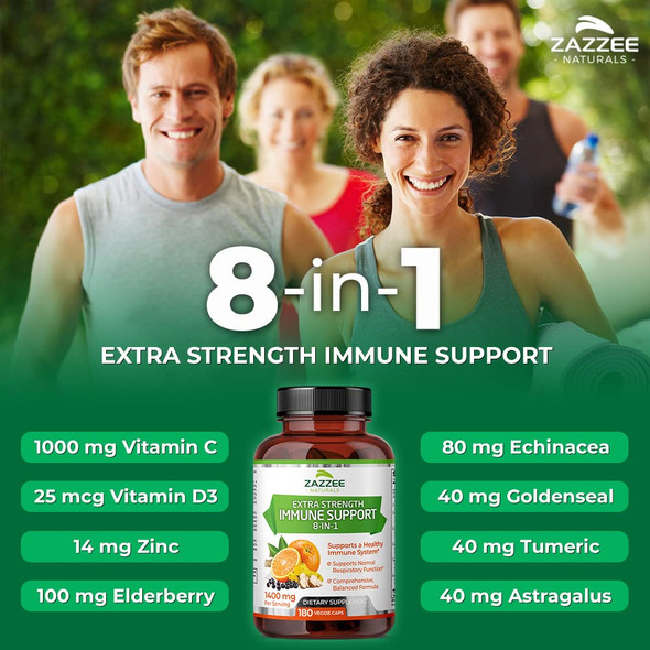 Zazzee Extra Strength 8-In-1 Immune Support, 1400 Mg Per Capsule, 180 Vegan Capsules, 1000 Mg Vitamin C, 1000 Iu Mg D3, Zinc