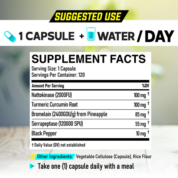 Dedicad 4-In-1 Nattokinase 2000 Fu, Turmeric, Bromelain, Serrapeptase - Body Balance, Circulation Health & Immune System - 120