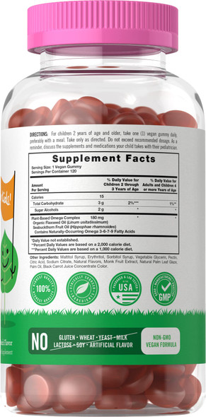 Vegan Omega 3 6 7 9 Gummies For Kids | 120 Count | Natural Peach Flavor | Non-Gmo, Gluten Free, And Sugar Free | By Lil' Sprouts