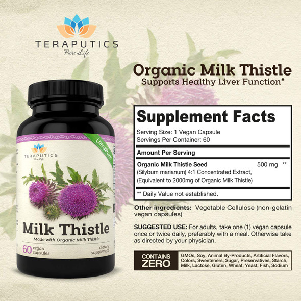 Organic Milk Thistle | Non Gmo 2000Mg 4X Concentrated Vegan Daily Supplement W/ Silymarin Seed Extract For Liver Support, Detox