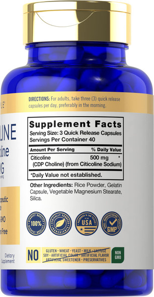 Citicoline Supplements 500Mg | 120 Capsules | Cdp Choline | Non-Gmo, Gluten Free | By Carlyle