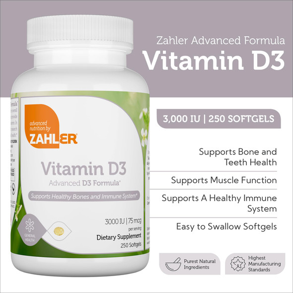 Zahler Vitamin D3 3000Iu, Vitamin D3 Supplement 3,000 Iu, Certified Kosher (250 Softgels)